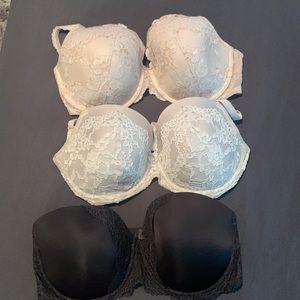 3 Different Victoria Secret 36DDD bras (one strapless, two with straps)